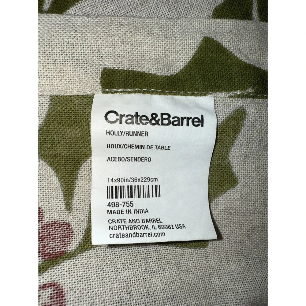 Crate & Barrel Holly Table Runner 14x90 Cotton Linen Christmas Holiday Berries